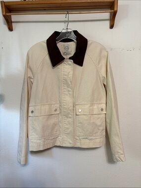 Vintage style Canvas coat Cream Utility Jacket with Dark Brown Collar